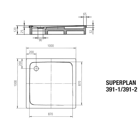 Duschwanne Superplan 100 x 100 x 2,5 cm m. Träger und Ablauf #391-2 - 2