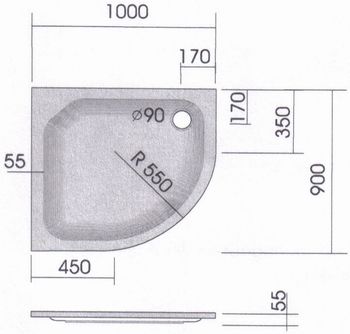 Viertelkreis-Duschwanne, asymmetrisch 100 x 90 x 2,5 cm, KSB 40 Ablauf - 2
