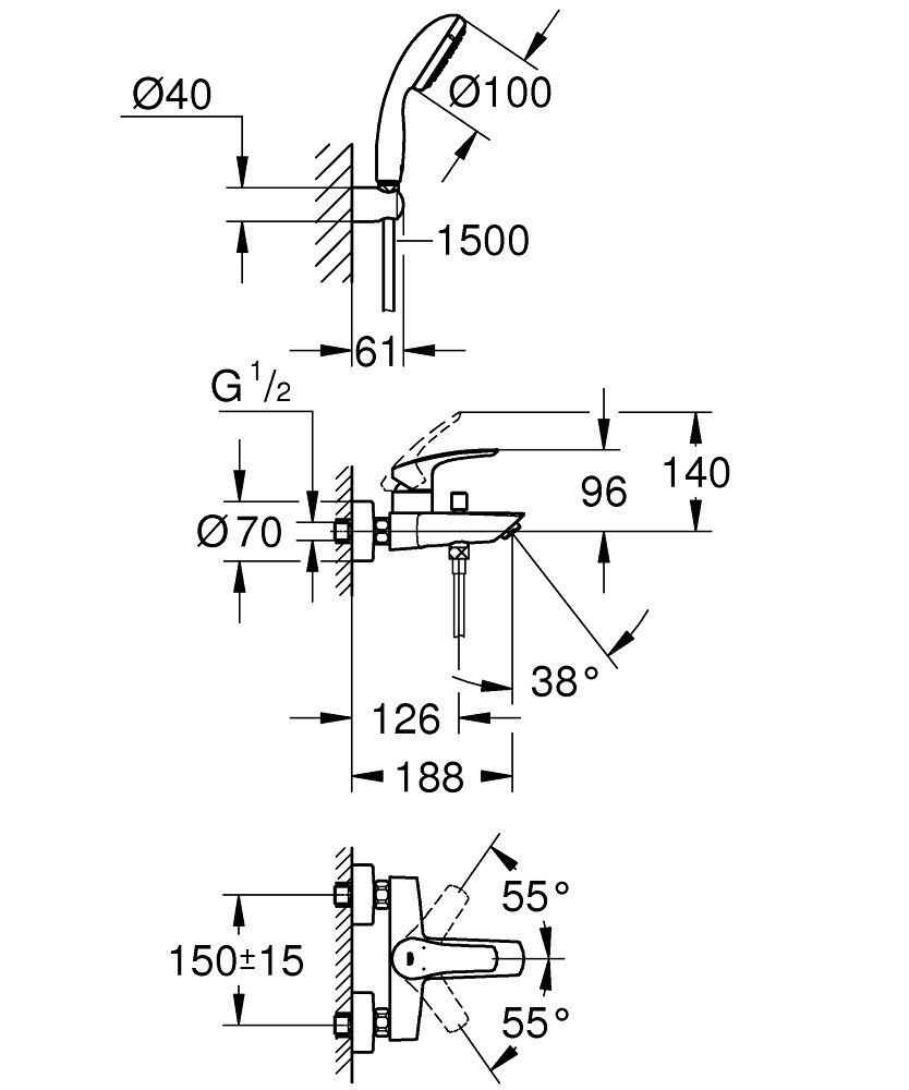 Eurosmart Wannenarmatur Aufputz mit Brauseset Tempesta - 2