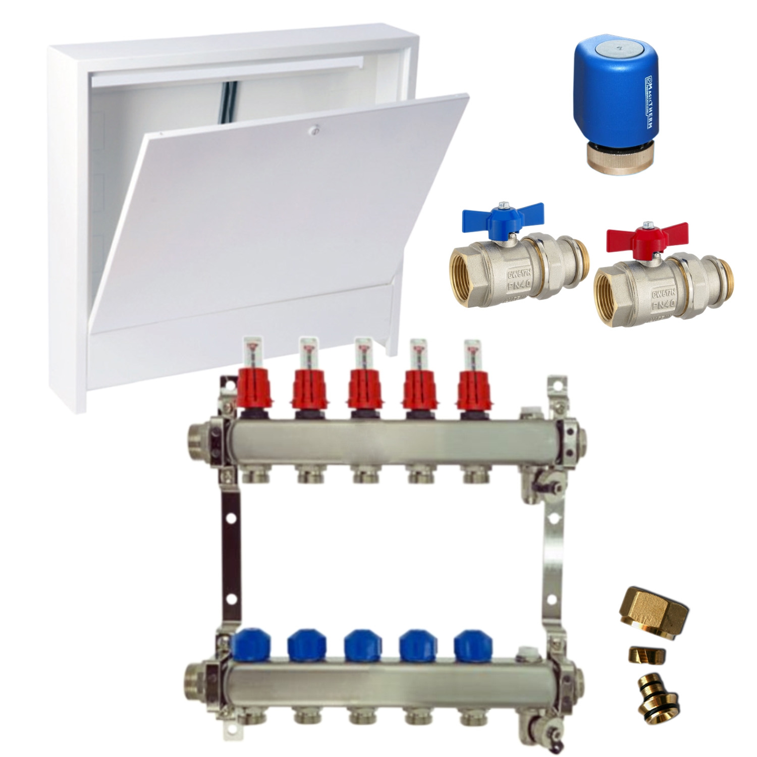 Edelstahl Heizkreisverteiler Set 2 HK AP Schrank, 16x2 Klemmringverschraubung