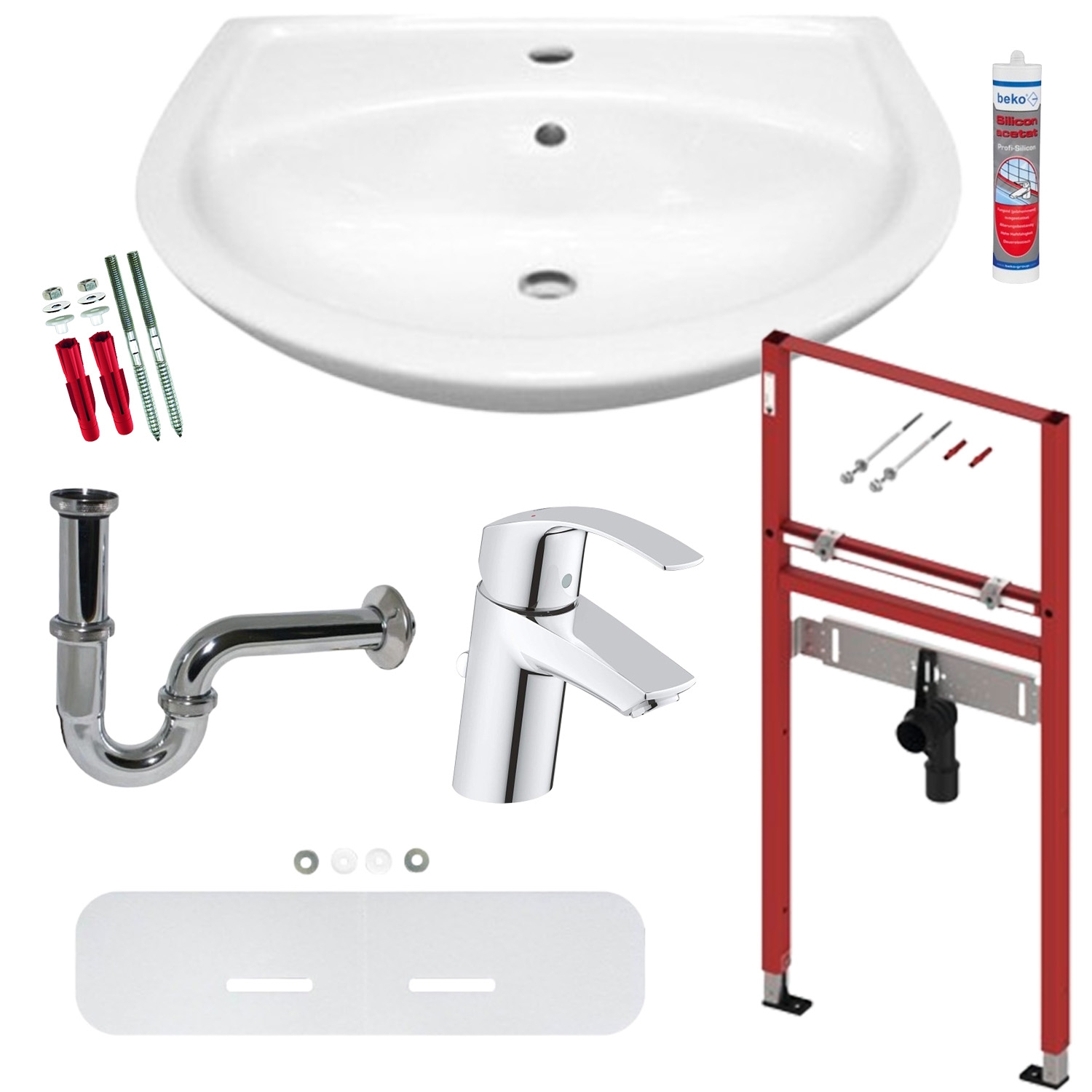 Waschtisch 55 cm inkl. Silikon, Eckventile, Schallschutzset, Siphon, (Armatur + Befestigung wählbar)