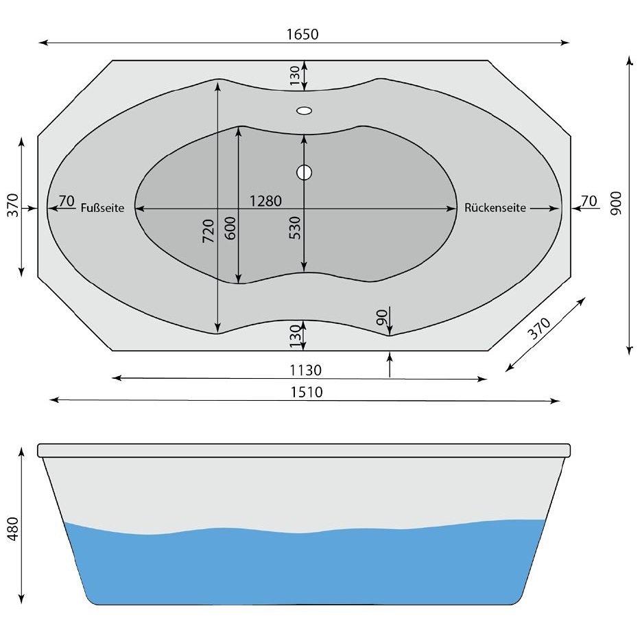 Achteck Badewanne Alpensee 165 x 90 cm - 2