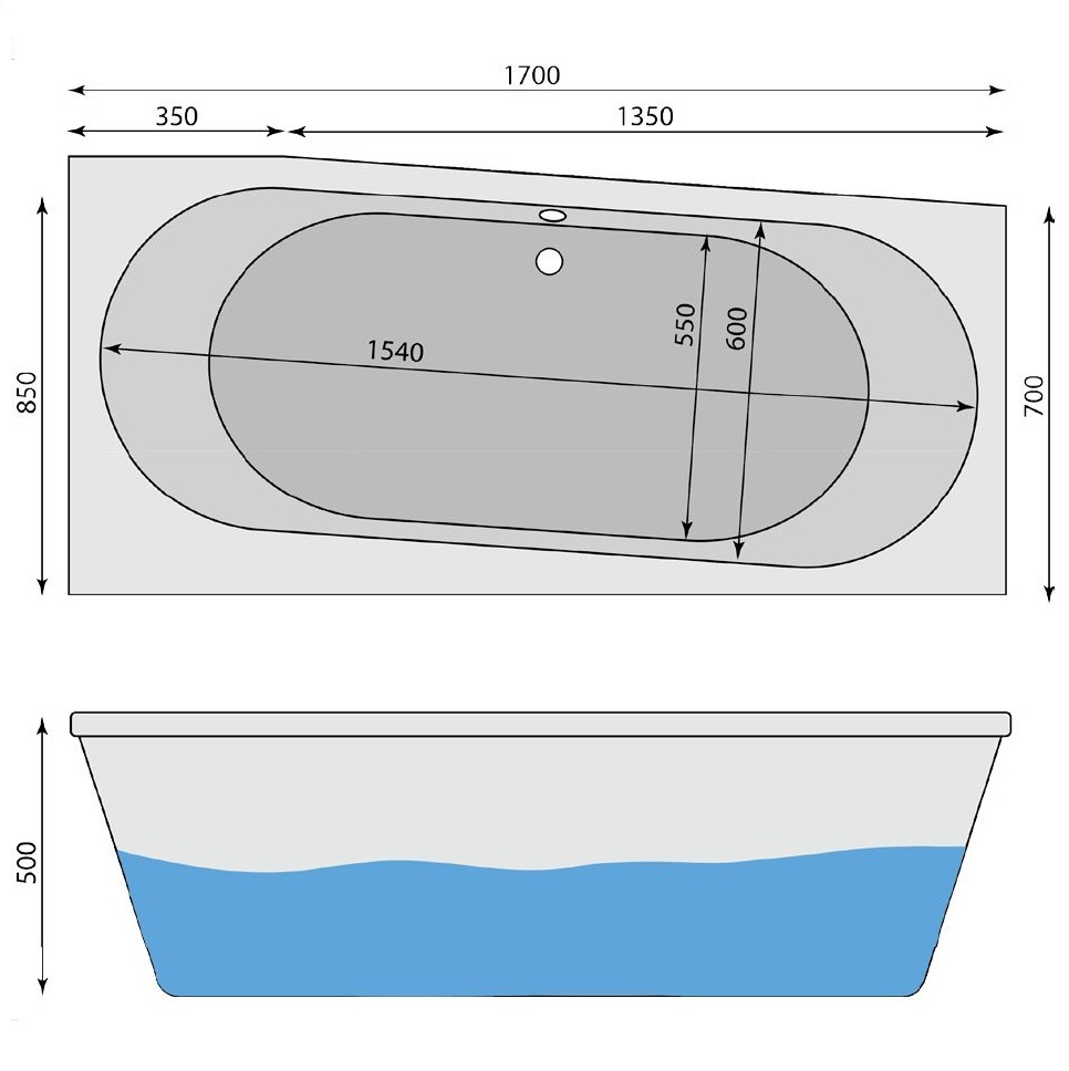 Raumspar-Badewanne Bodensee R, rechts 170 x 85 cm - 2
