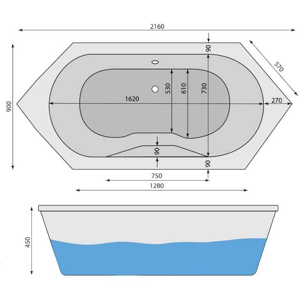 Sechseck Badewanne Knappensee 216 x 90 cm - 2