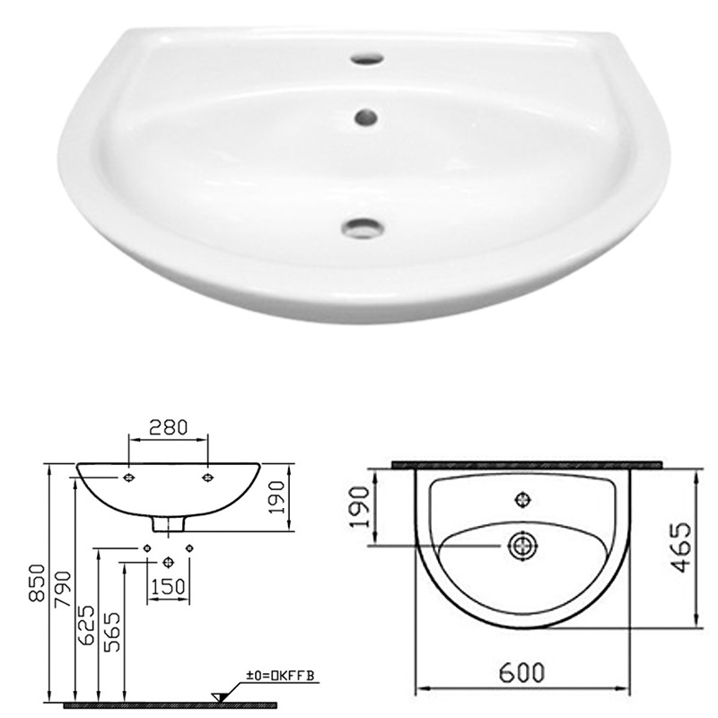 Waschtisch 600 x 465 mm mit Hahnloch und Überlauf, weiß - 2