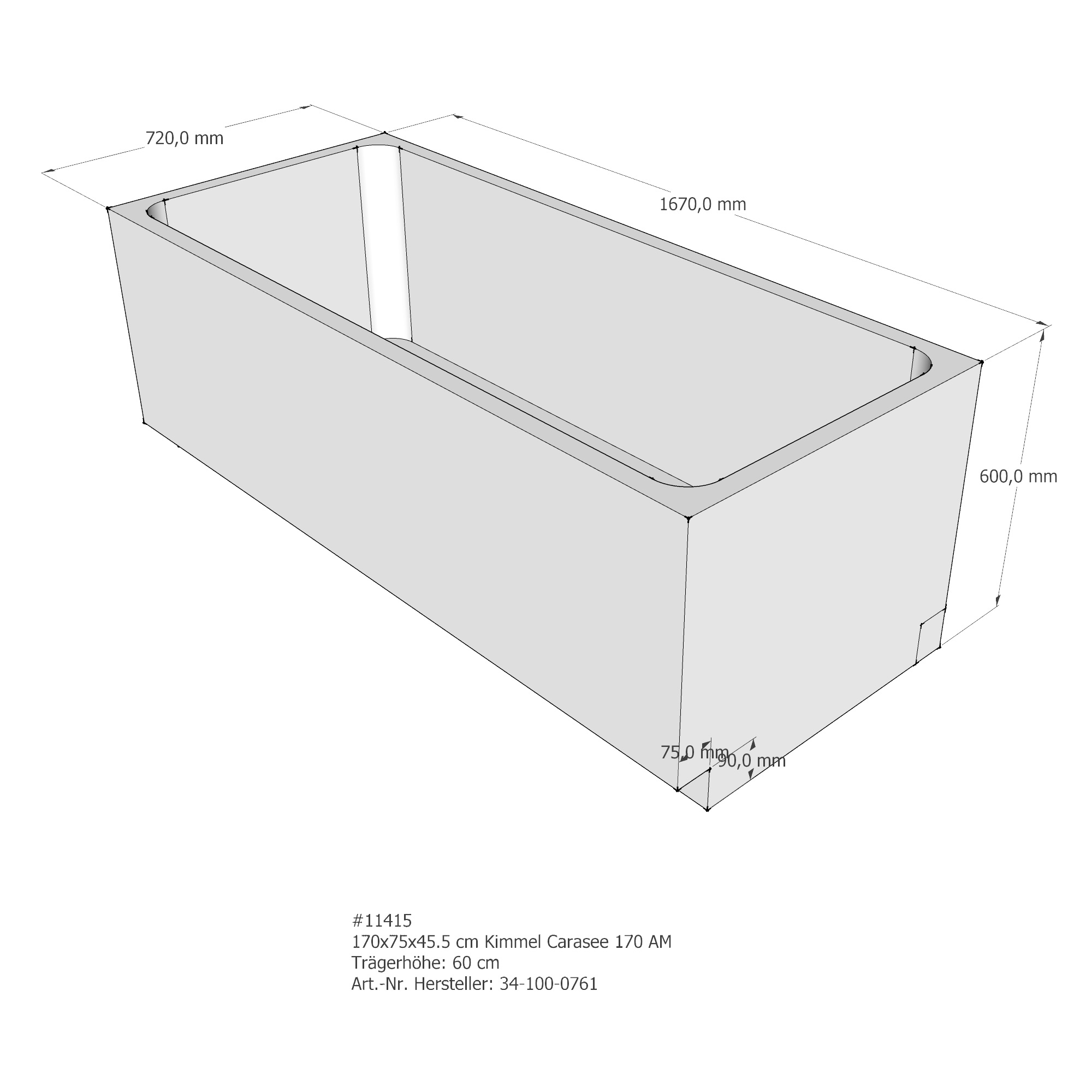 Badewanne Carasee 170 x 75 cm, Ablauf 830 - 2
