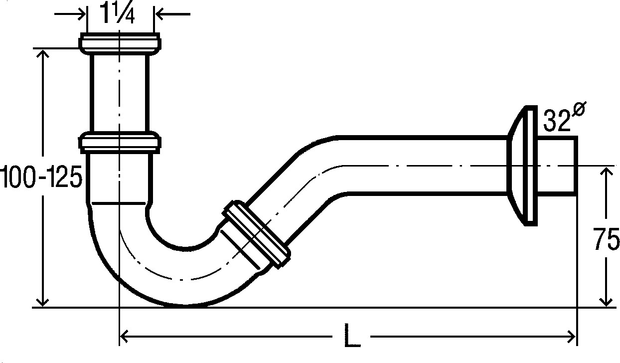 Röhrensifon für Bidet 1 1/4" x 32 mm verchromt - 3