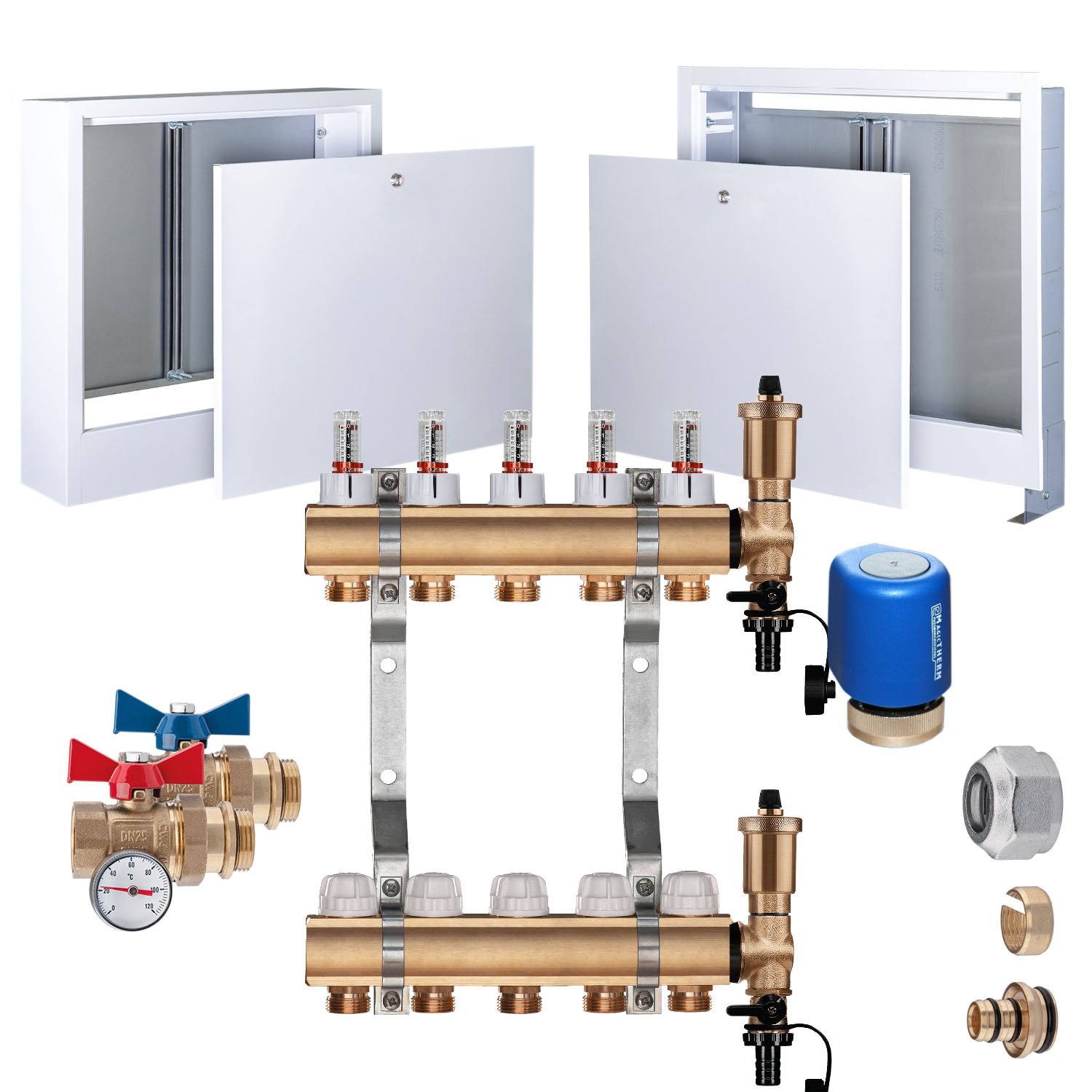 Premium Messing Heizkreisverteiler Set 7 HK, KV 16x2mm, Stellantriebe, UP 715 mm Schrank