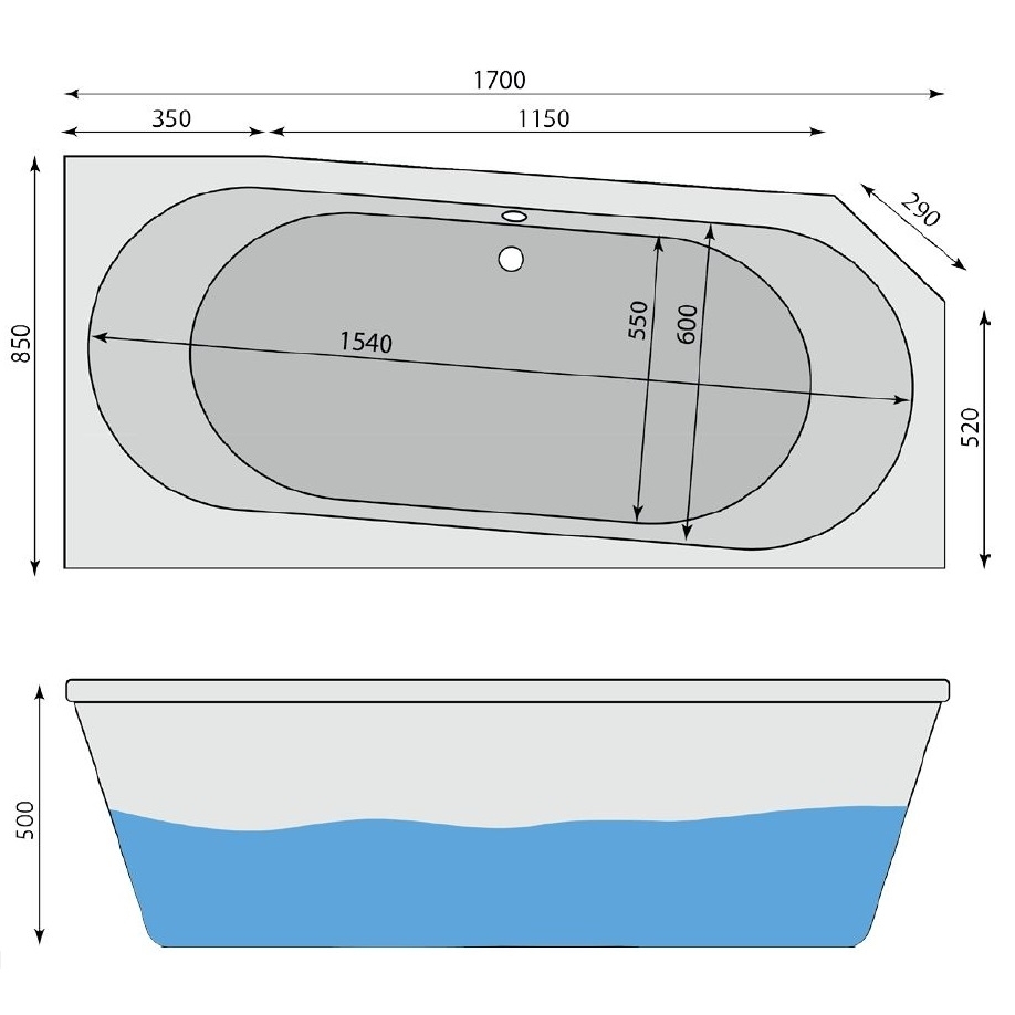 Raumspar-Badewanne Greifensee R, rechts 170 x 85 cm - 2