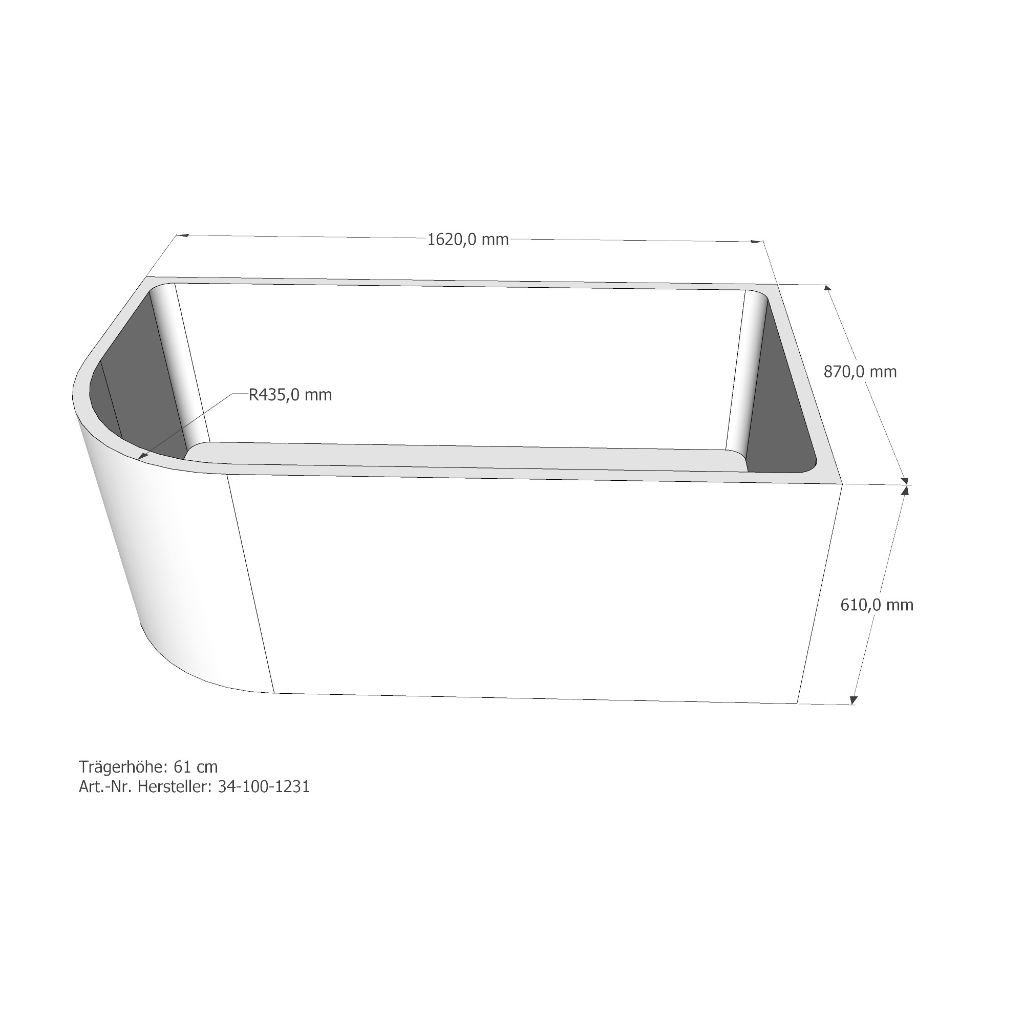 Raumsparbadewanne Almsee 2R 165 x 90 cm, weiss - 3