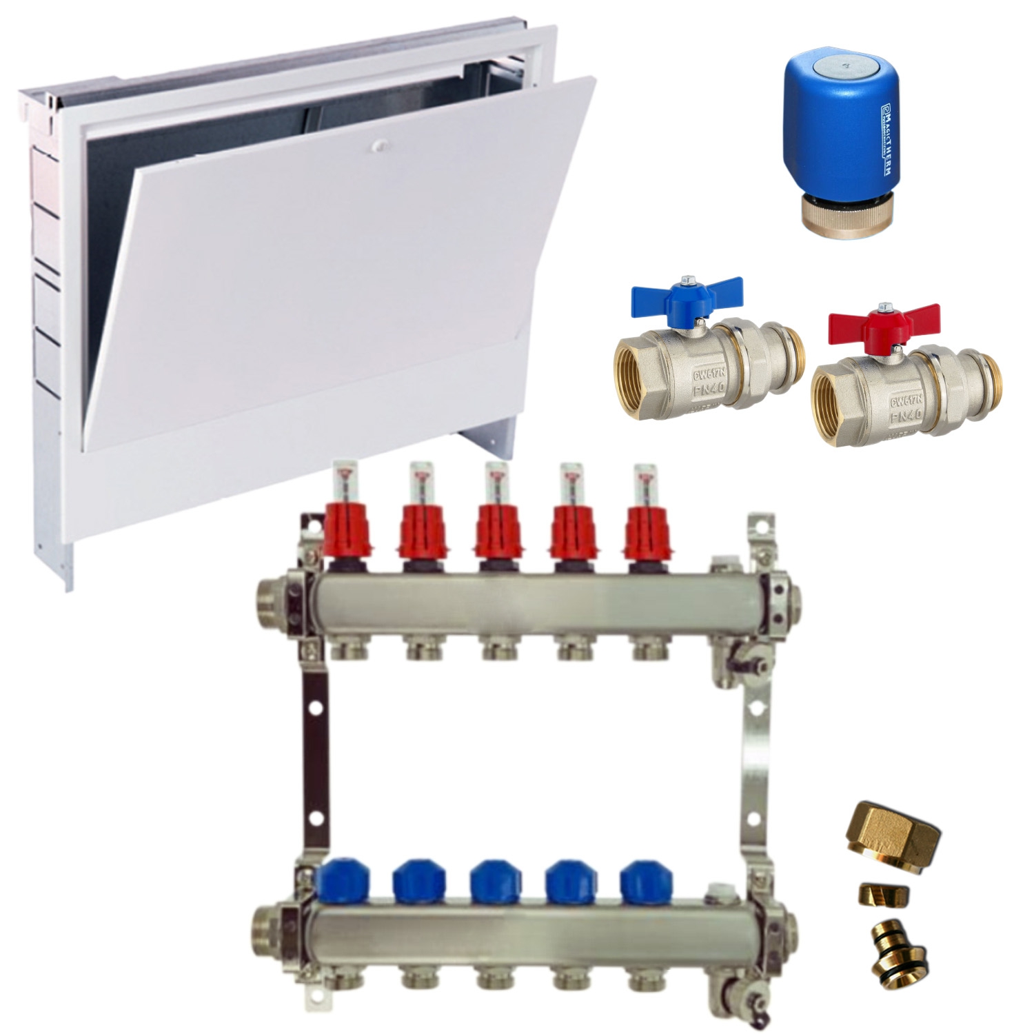 Edelstahl Heizkreisverteiler Set 7 HK UP Schrank, 16x2 Klemmringverschraubung