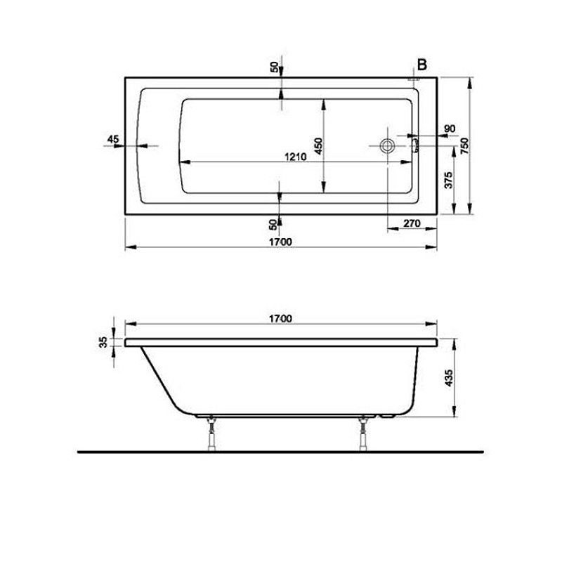 Integra Acryl Rechteck Badewanne 170 x 75 cm, weiß - 2