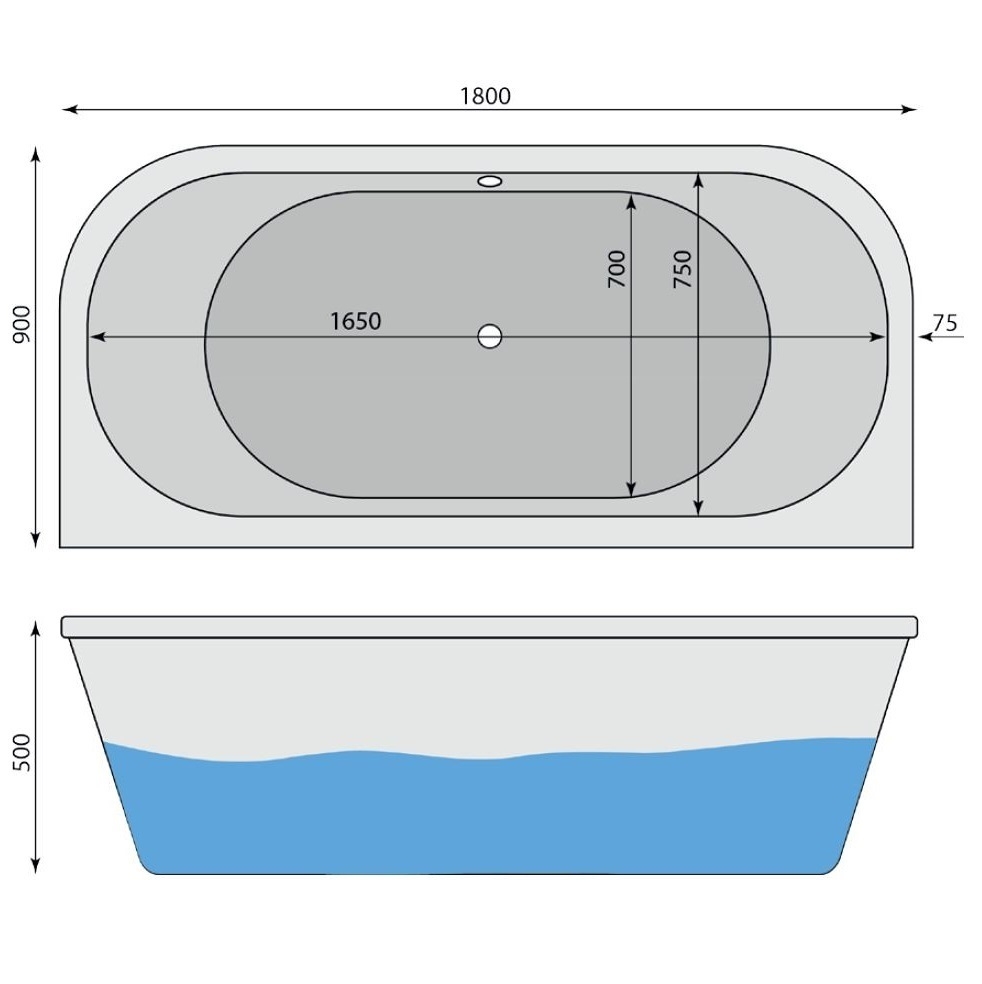 Raumsparbadewanne Alina D 180 x 90 cm, weiss - 2