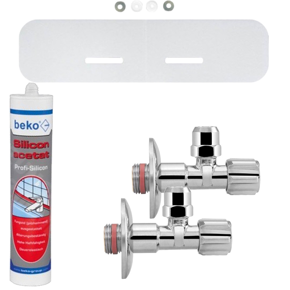 Waschtisch 60 cm inkl. Silikon, Eckventile, Schallschutzset, Siphon, (Armatur + Befestigung wählbar) - 4