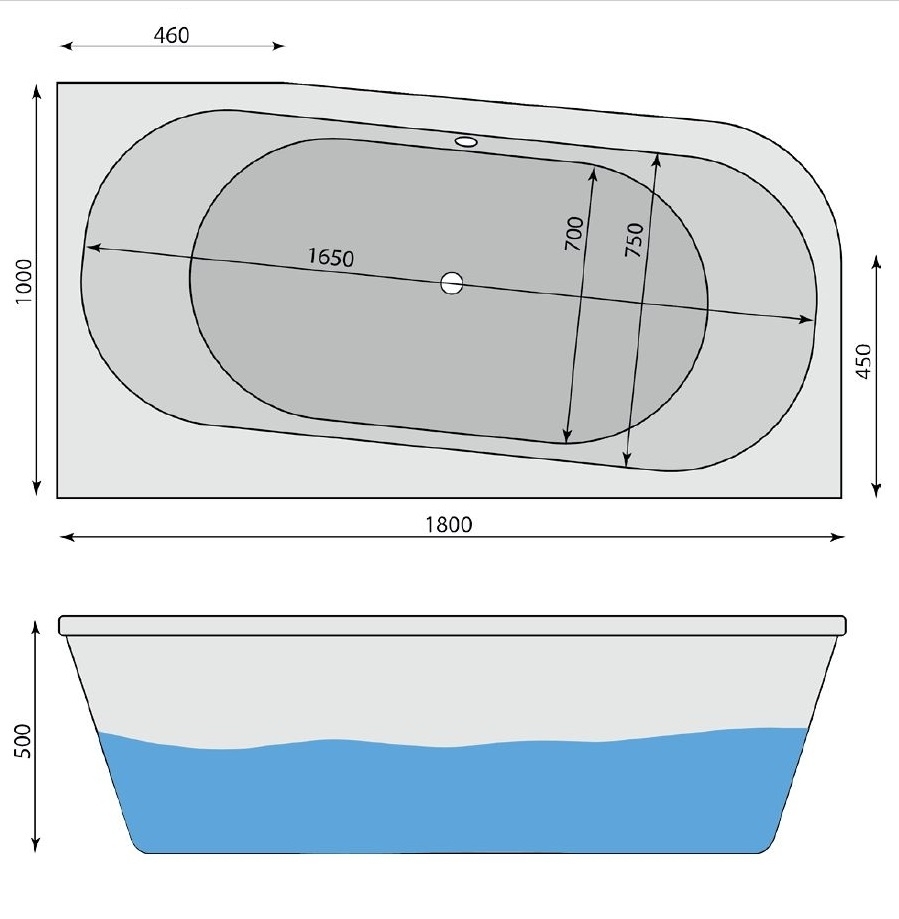 Raumspar-Badewanne Stella R, rechts 180 x 100 cm - 2