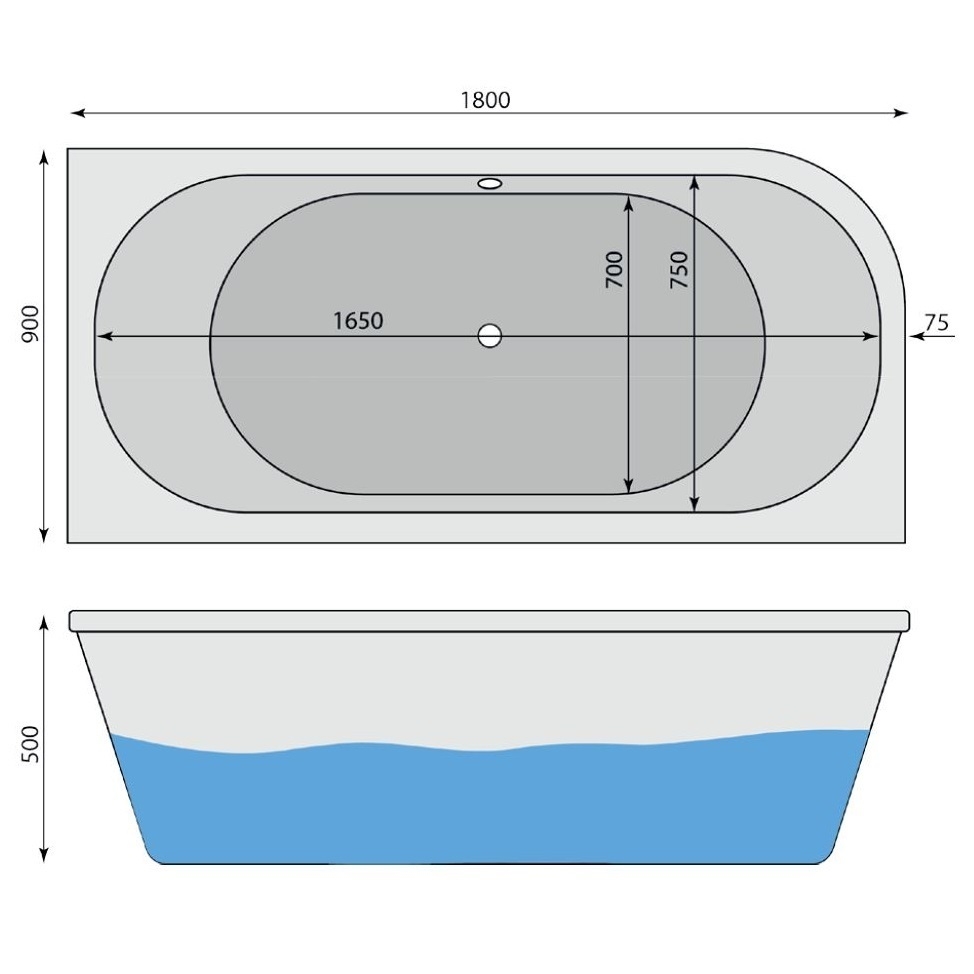 Raumsparbadewanne Alina R 180 x 90 cm, weiss - 2