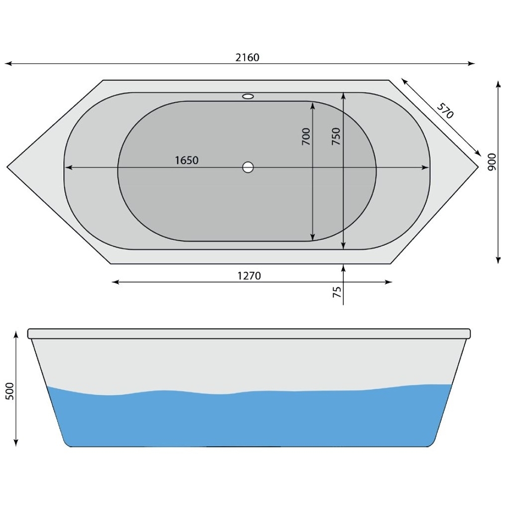 Sechseck Badewanne Linda 216 x 90 cm - 2