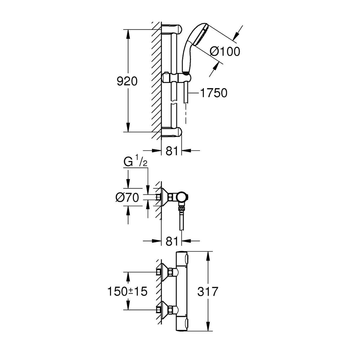Grohtherm 500 Thermostat-Brausebatteriemit Brausegarnitur, DN 15 - 4