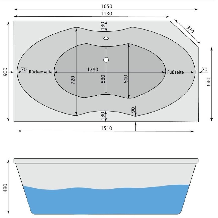 Raumspar-Badewanne Carolasee 2R, rechts 165x90 cm - 2