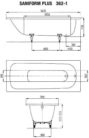 Badewanne Saniform Plus 160 x 70 cm #362-1 m. Styroporträger & Ablauf - 5