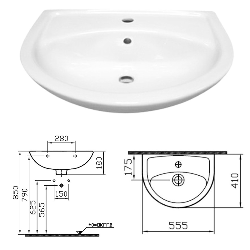 Waschtisch 555 x 410 mm mit Hahnloch und Überlauf, weiß