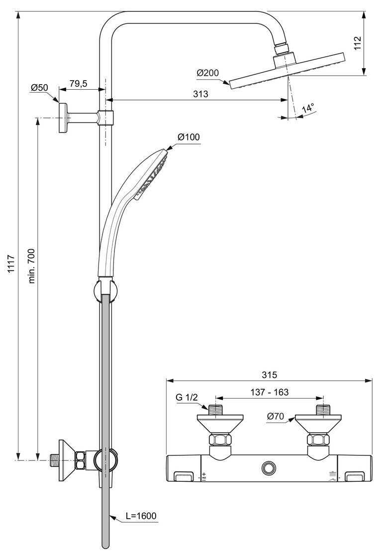 IDEALRAIN Duschsystem M3, Ø 200 mm mit Ceratherm T25 Brausethermostat chrom - 2