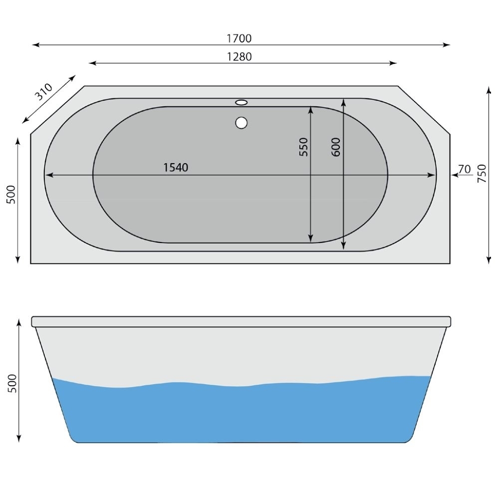 Raumspar-Badewanne Hintersee D 170 x 75 cm - 2