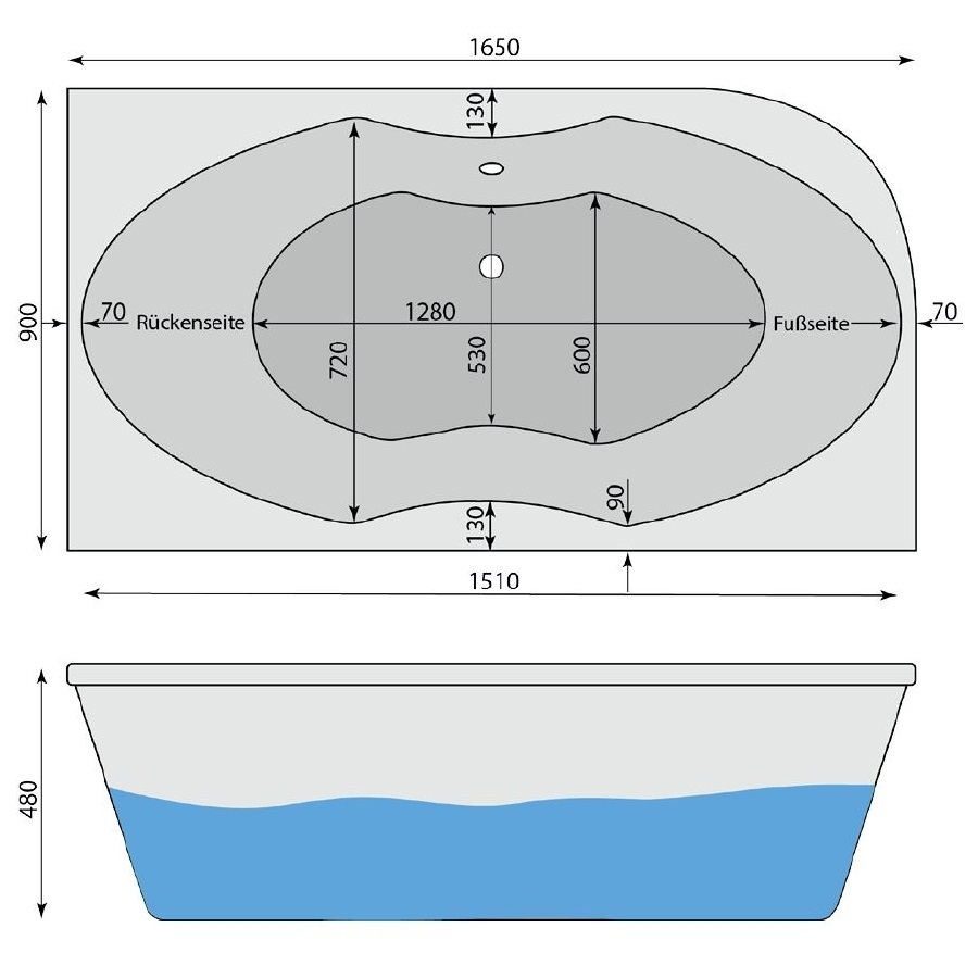 Raumspar-Badewanne Almsee 2R, rechts 165x90 cm - 2