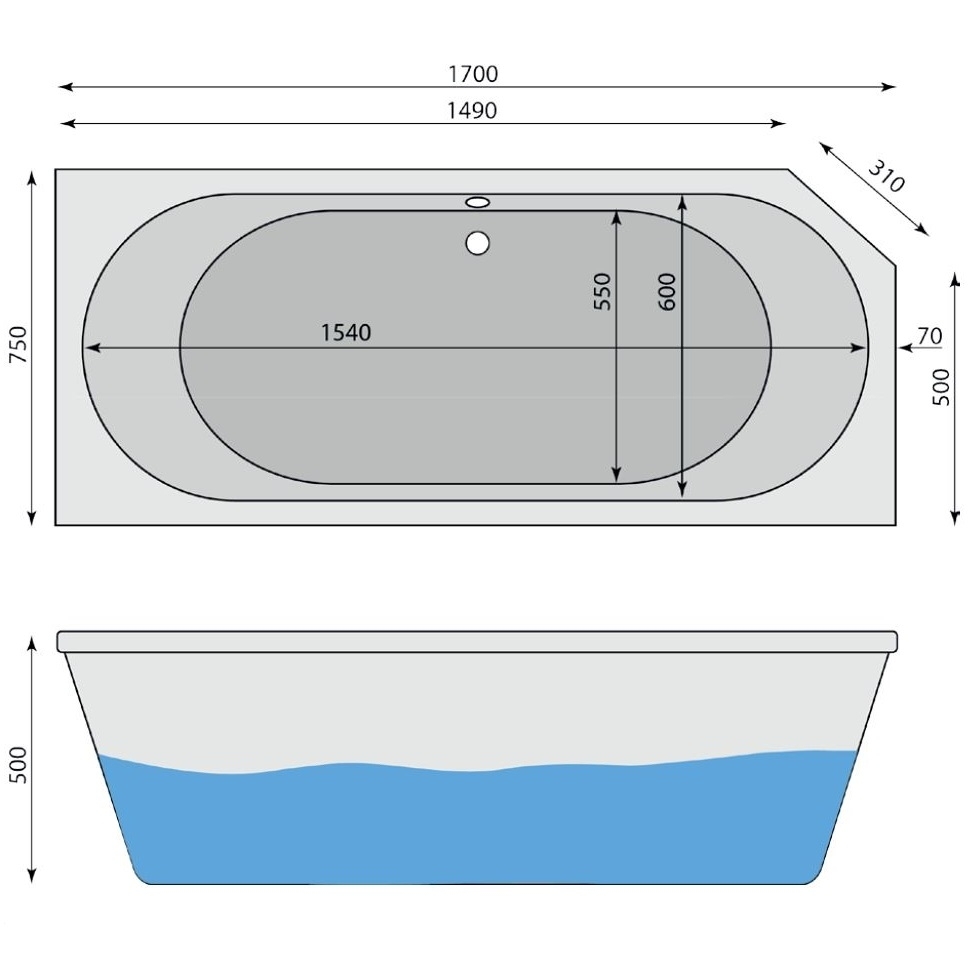 Raumspar-Badewanne Hintersee R, rechts 170 x 75 cm - 2