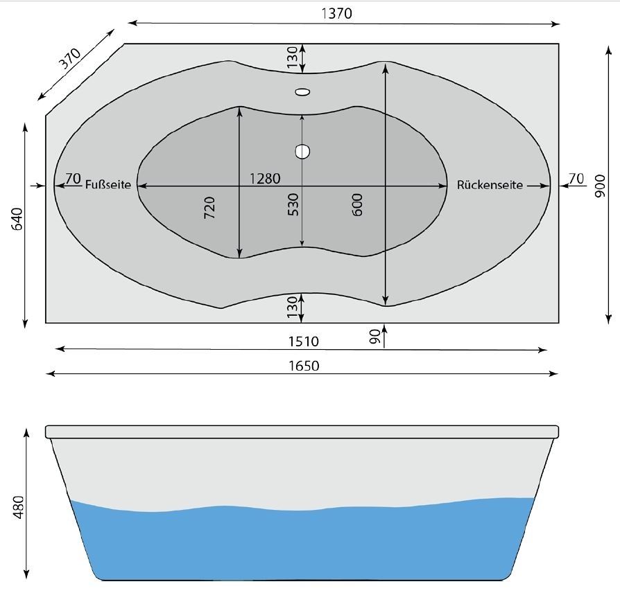 Raumspar-Badewanne Carolasee 1L, links 165x90 cm - 2