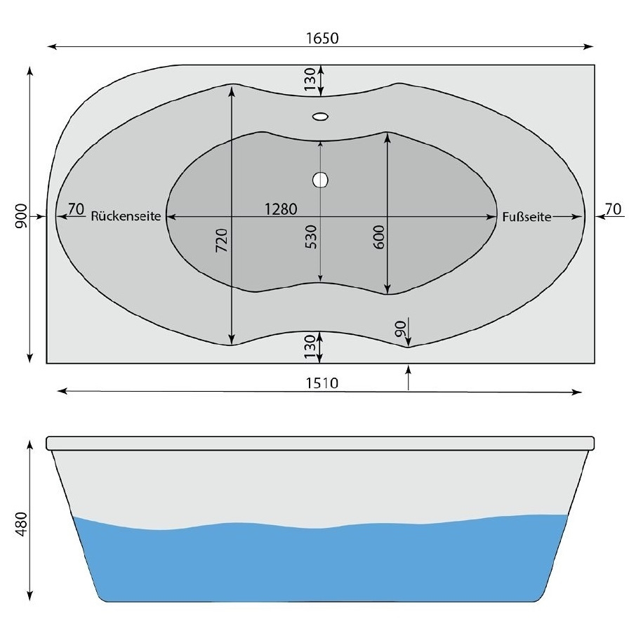 Raumspar-Badewanne Almsee 2L, links 165x90 cm - 2