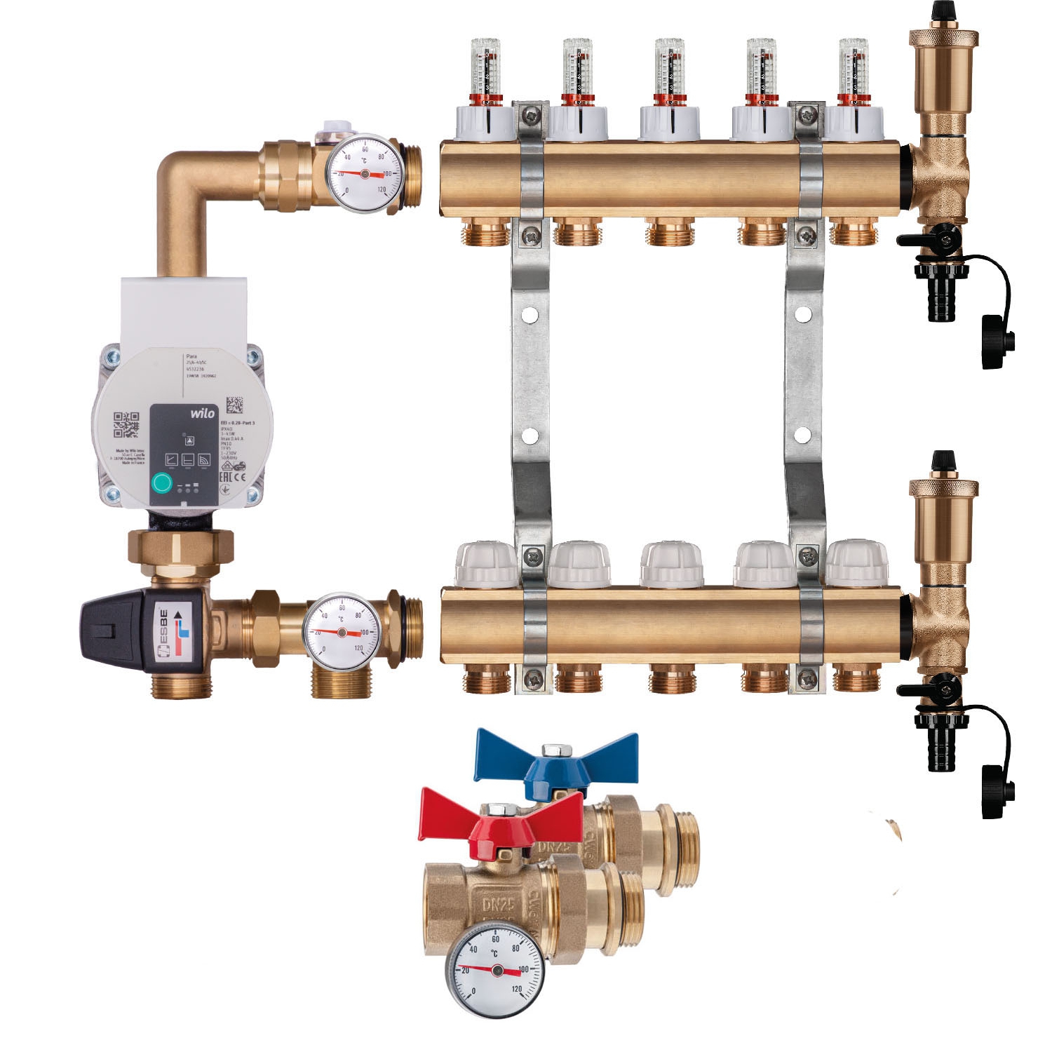 Premium Messing Heizkreisverteiler-Set 9 HK Durchgang,Festwertregelset