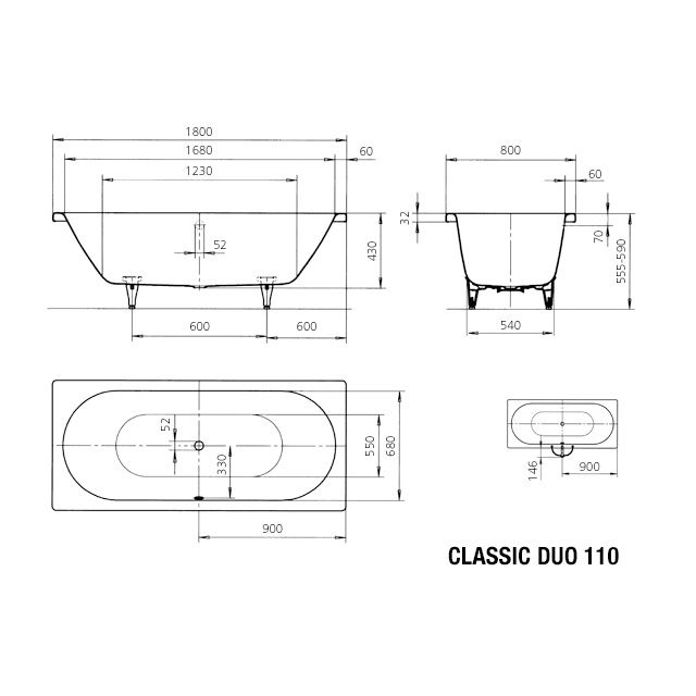 Badewanne Classic Duo 180x80 cm, weiß #110 + 5032 + Ablauf - 2