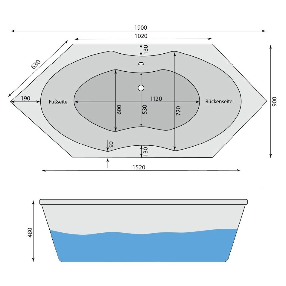 Sechseck Badewanne Bergsee 190 x 90 cm - 2
