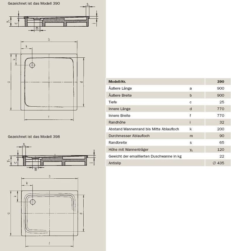 Duschwanne Superplan 90 x 90 x 2,5 cm m. Träger und Ablauf #390-2 - 2