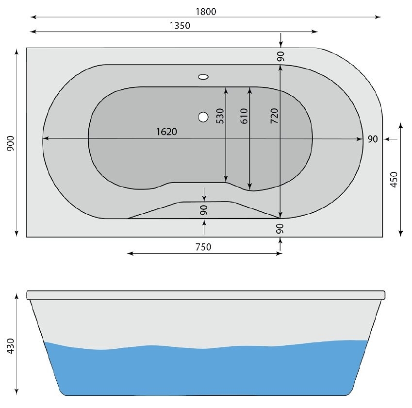 Raumspar-Badewanne Dana R 180 x 90 cm - 2