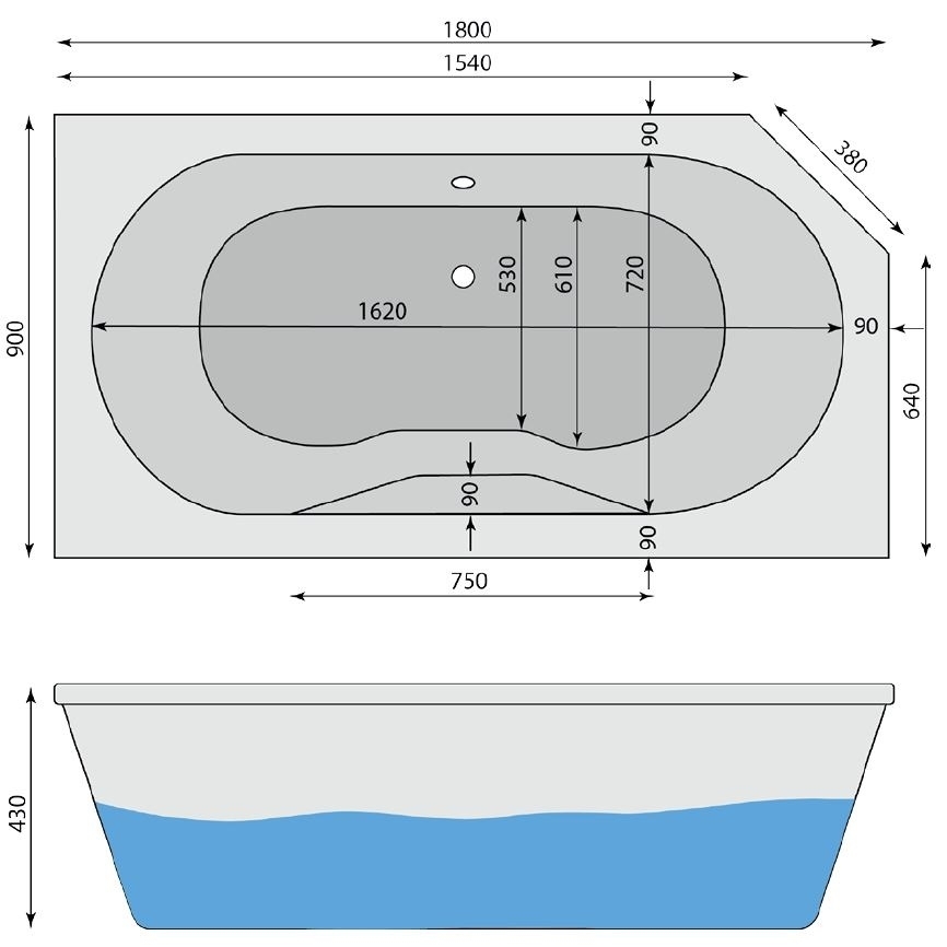 Raumspar-Badewanne Lea R, rechts 180 x 90 cm - 2