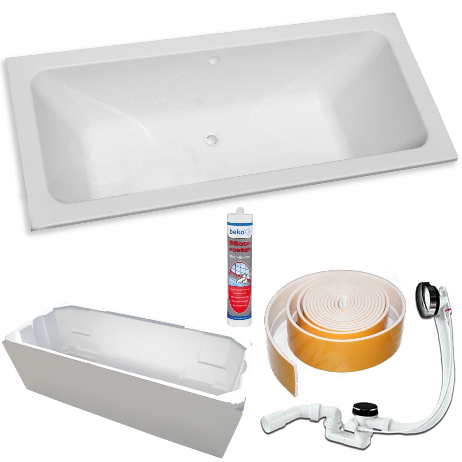 Acryl Badewanne T200 180 x 80 cm mit Träger + Ablaufgarnitur + Silikon + Set