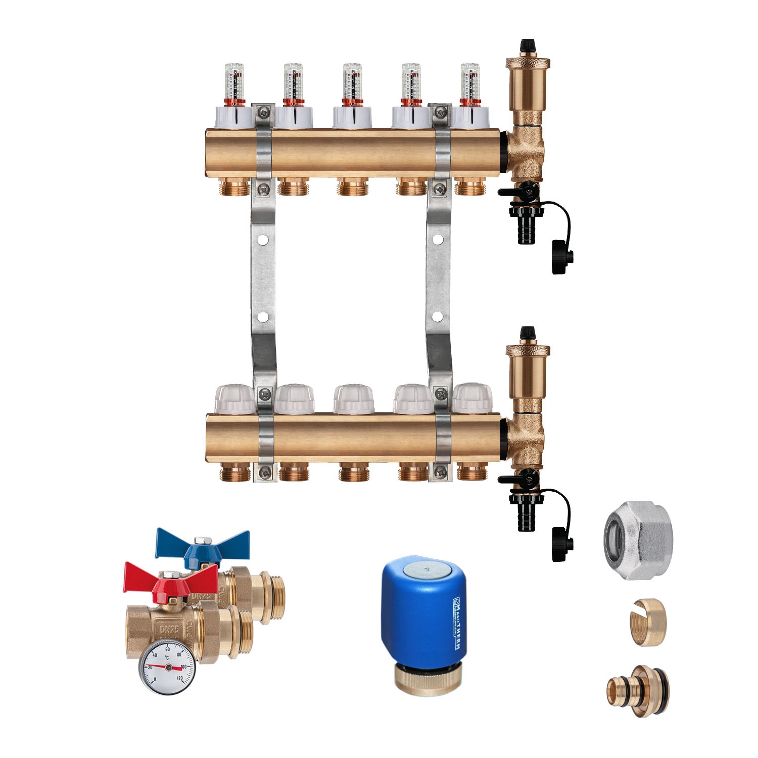 Premium Messing Heizkreisverteiler Set 5 HK, Stellantriebe - 1
