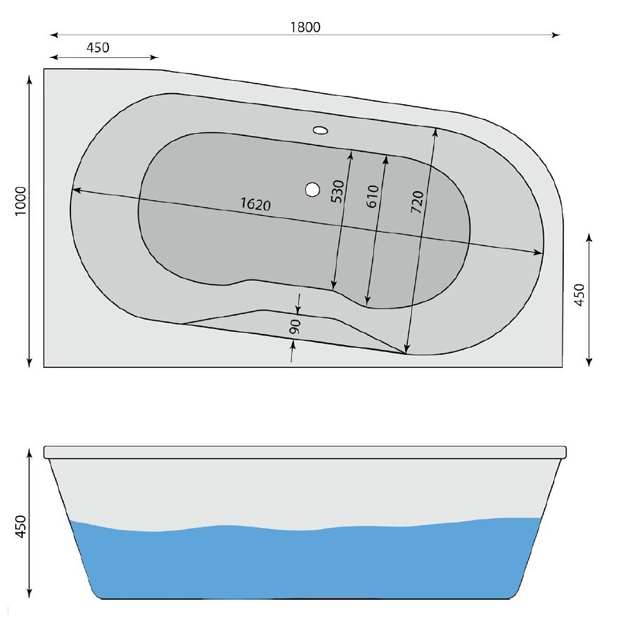 Raumspar-Badewanne Livia R, rechts 180 x 100 cm - 2
