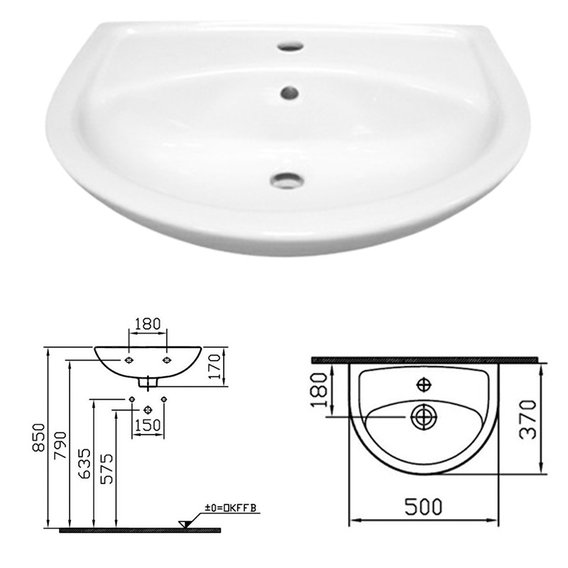 Waschtisch 50 cm inkl. Silikon, Eckventile, Schallschutzset, Siphon, (Armatur + Befestigung wählbar) - 2