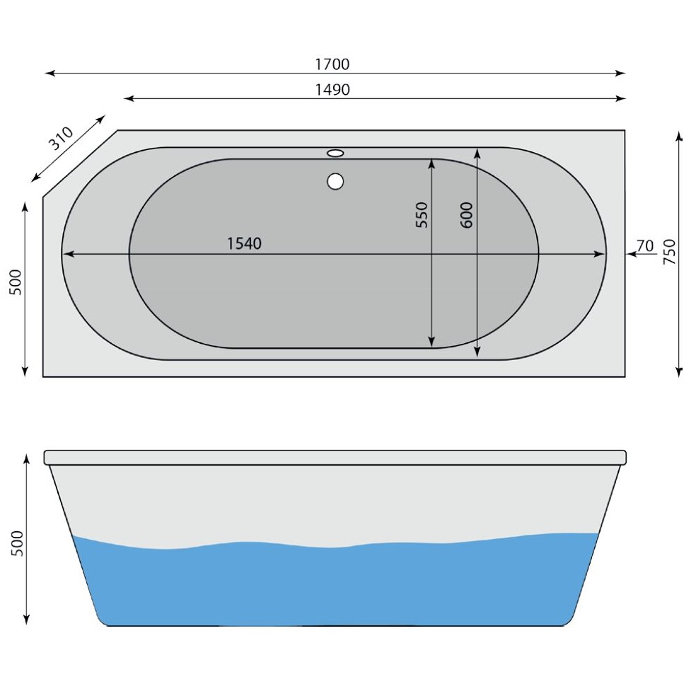 Raumspar-Badewanne Hintersee L, links 170 x 75 cm - 2