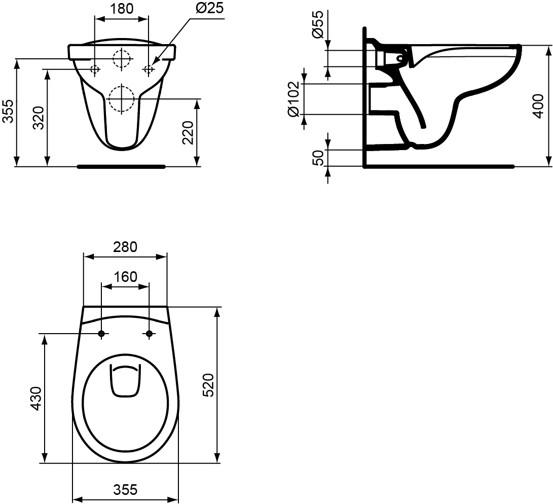 EUROVIT Wand-Tiefspül-WC spülrandlos 355 x 520 mm, weiß