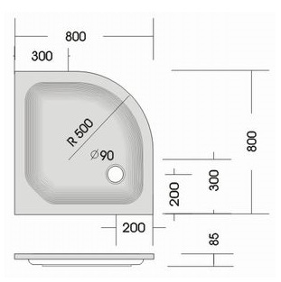 Viertelkreis Duschwanne KSB 20 80x80x6,5 cm weiß, Ablauf - 2