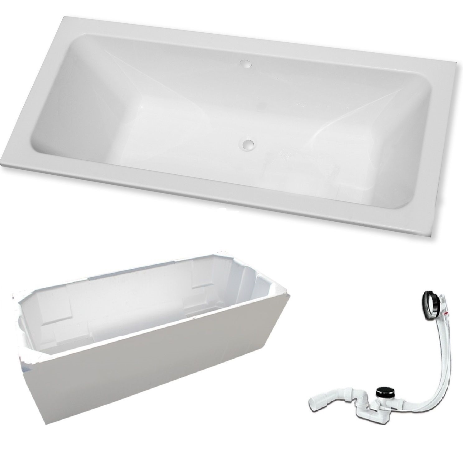 Rechteck Badewanne "T200" 180 x 80 cm mit Wannenträger und Ab-/ Überlaufgarnitur chrom
