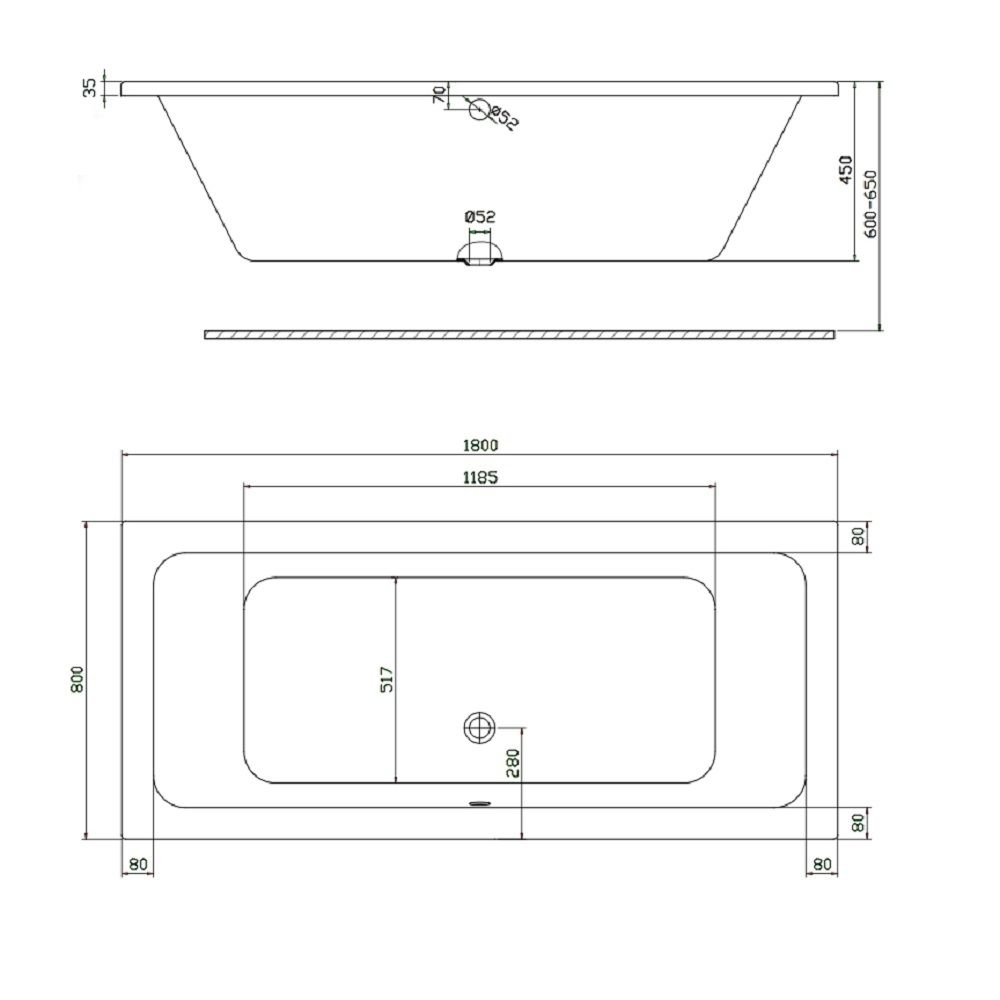 Acryl Badewanne T200 180 x 80 cm mit Träger + Ablaufgarnitur + Silikon + Set - 2