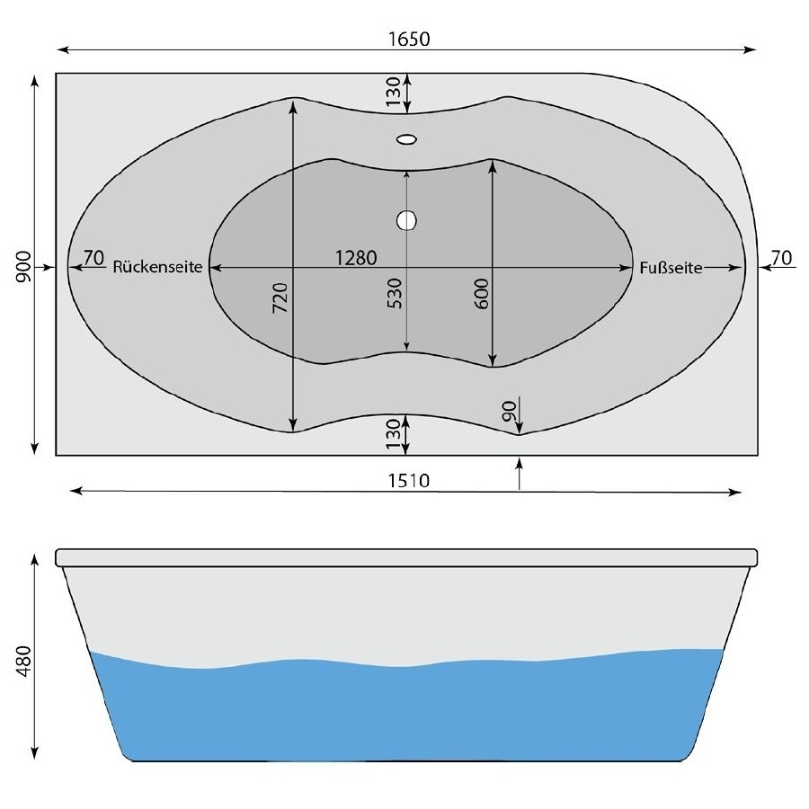 Raumsparbadewanne Almsee 2R 165 x 90 cm, weiss - 2