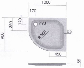 Viertelkreis-Duschwanne KSB 41, 100x90x2,5 Ablauf - 2