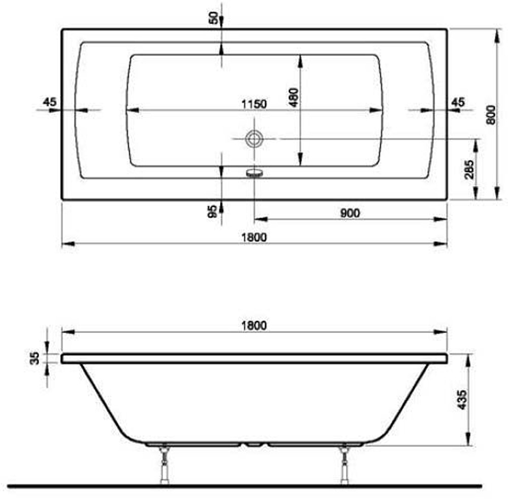 Integra S50 Körperformwanne, rechteckig,180x80 + Ab.- & Überlaufg. Füllfunktion, Fußgestell - 2