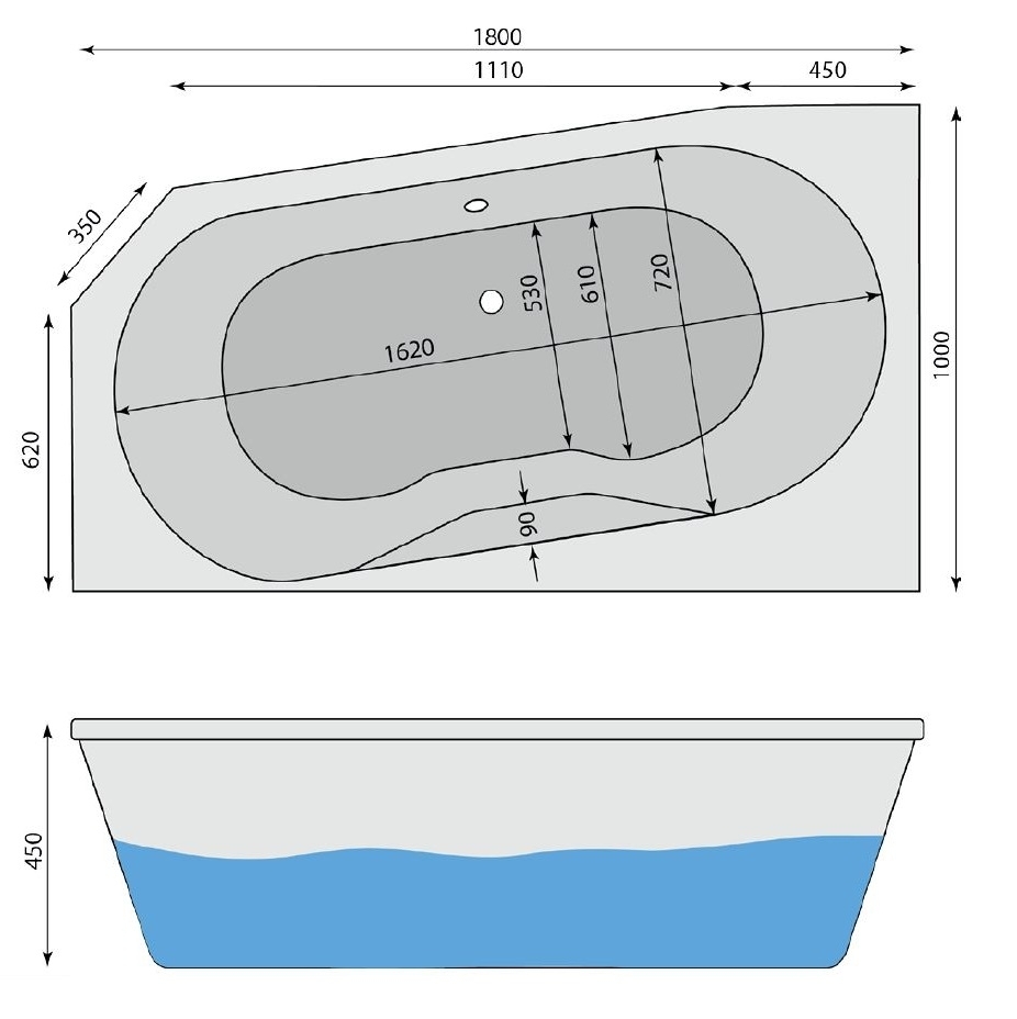 Raumspar-Badewanne Leni L, links 180 x 100 cm - 2